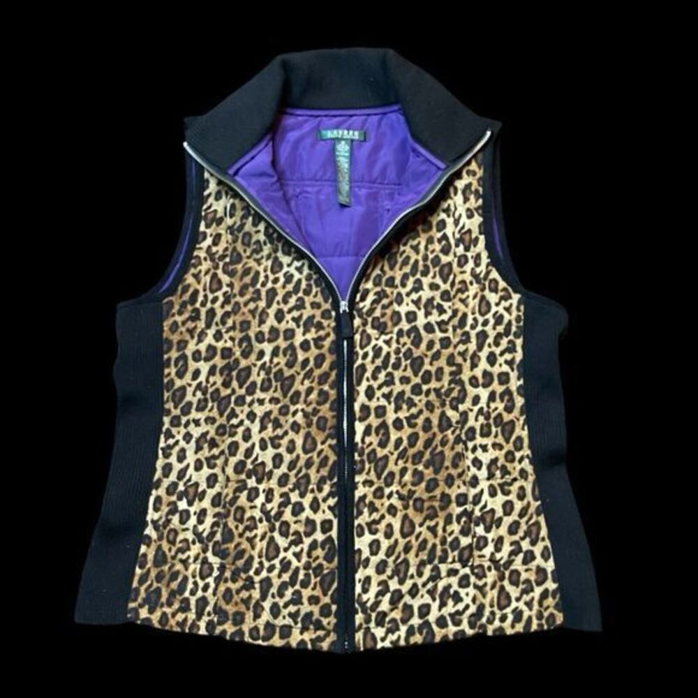 Lauren Ralph Lauren Animal Print Puffer Vest Womens M Full Zip Leopard Lined